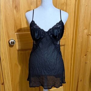Victoria's Secret Black Chiffon Baby Doll Sequin Sheer Lace Chemise Slip Dress.